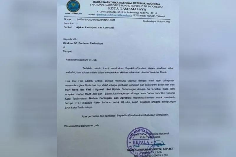 Surat permintaan THR dari BNN Kota Tasikmalaya yang beredar di media sosial. (ANTARA/Twitter/@LambeHalus)